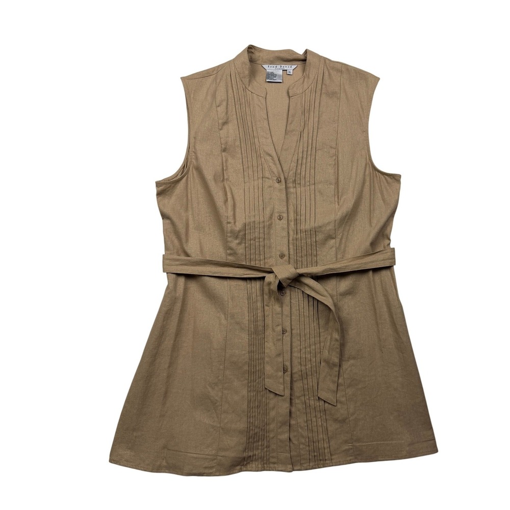 Fred David Linen Blend Tan Sleeveless Belted Tunic Shirt Dress XL Metallic Y2K